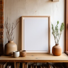 wooden frame mock up leaning against the wall beside plant and pot