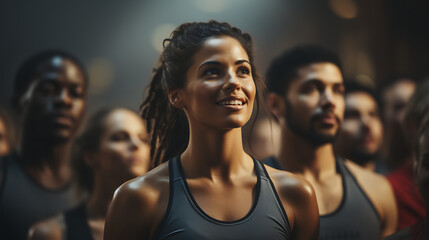 Capture a vibrant and dynamic fitness scene, showcasing a diverse group of individuals engaged in various toning and strengthening exercises.  - obrazy, fototapety, plakaty