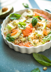 Rice salad with grapefruit, apple, avocado. Top view. Homemade Mexican Baja Rice Bowl with Avocado and Salsa