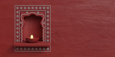 3d render of Festival, Diwali and Pongal lamp of traditional India, product display in hanging in brown wall background