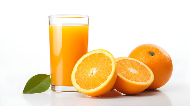 Orange juice and orange slices on white background