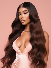 Elegant Radiance: Beautiful Black Woman in Silky Wig on Blush Pink Background. Generative ai