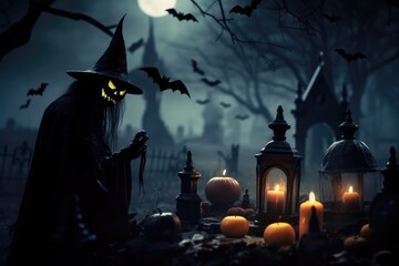 Witch at night in the cemetery halloween background pumpkin head bats fly