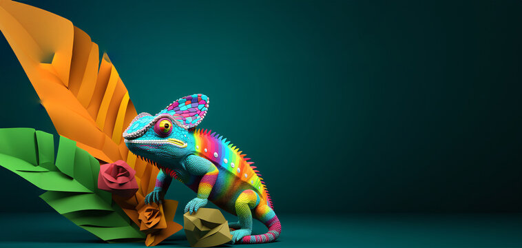 Full-body chameleon illustrations,frame within shot, colorful, aligned right, blue background. Generative ai
