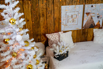 Christmas interior of the living room. The attic room of the house.