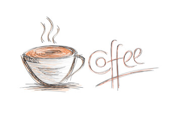 hand drawn coffee word. doodle tea coffee cup. cup for the world of tea, coffee, beverages