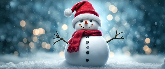 Fototapeta premium Banner de Muñeco de nieve con gorro rojo y bufanda de lana roja. Hombre de nieve en un fondo de invierno nevado. Fondo festivo de Navidad cubierto de nieve. Hecho con IA.