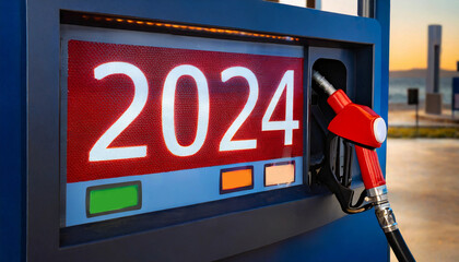2024 on the display on the gas pump at the petrol station. Happy new years - obrazy, fototapety, plakaty