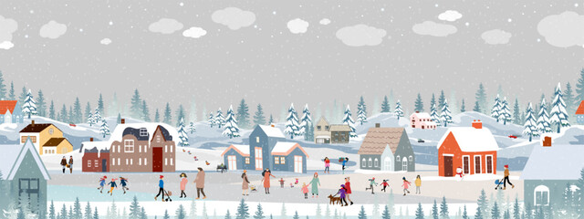Winter Background,Seanless Pattern Village landscape with Snow intown people Celebrating on Christmas Eve,New Year 2024 City Night Sky kids playing ice skate in the park,Vector Xmas banner  - obrazy, fototapety, plakaty