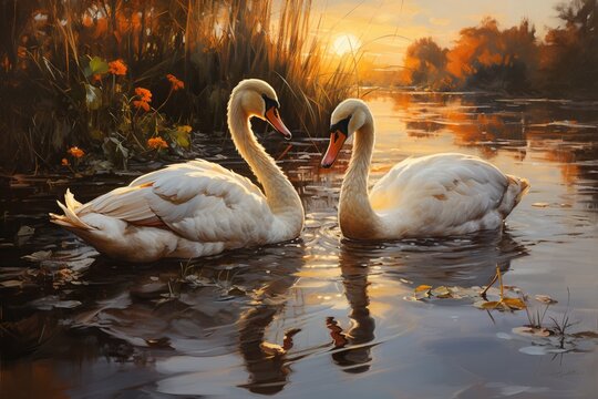 Two white swans swimming in a lake at sunset
