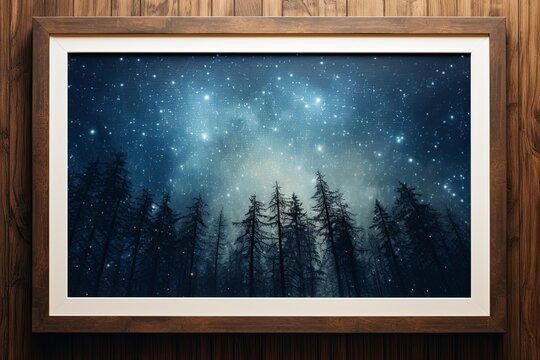 Watercolor depicting starry night sky and fir trees forest
