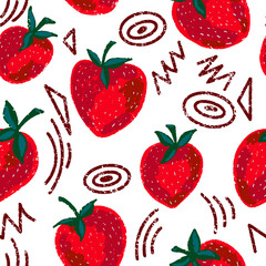 Juicy strawberries with funny elements. Texture of pencil, pastel, gouache. Vector overlapping seamless pattern.