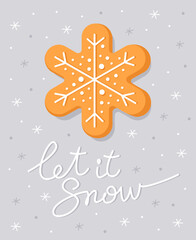 New Year's card with a gingerbread in the form of a snowflake with white glaze. White inscription 