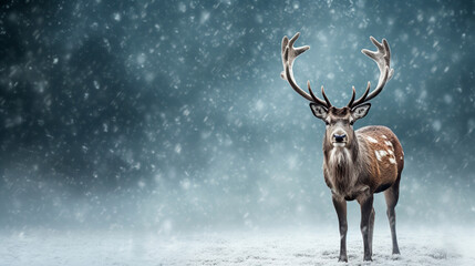 Fallow deer with big antlers in snowfall. Winter background. Reindeer New Year concept.