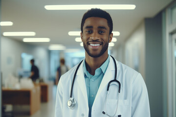 Portrait of a black male doctor standing in a hospital