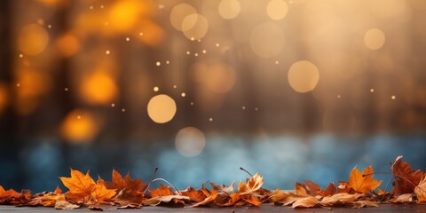 Naklejka na ściany i meble Leaves with copy space background. Leaves bokeh background. Autumn Leaves. Green and Yellow leaves with bokeh lights in the background. Typography free backgrounds.