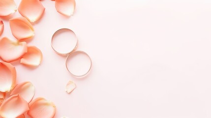 Top view of wedding ring with rose and petals isolated on background with copy space  - obrazy, fototapety, plakaty