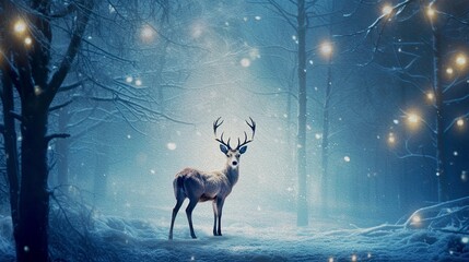 Magic festive reindeer covered in glowing lights. Funny deer with big antlers standing in snowfall....