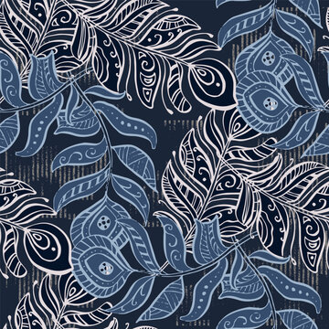 Seamless pattern of delicate feathers drawn in black ink. Texture brush and paint. Beautiful tropical peacock feathers embroidery, template textiles, t-shirt design