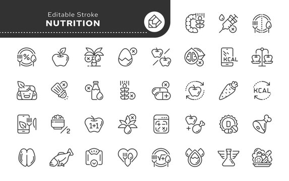 Set of line icons in linear style. Series - Nutrition. Proper healthy food and healthy lifestyle. Outline icon collection. Conceptual pictogram and infographic.