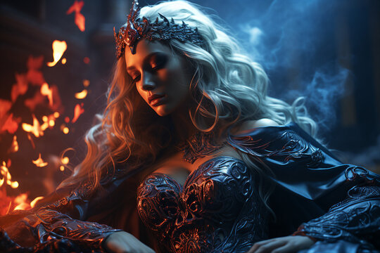 Generative ai collage of powerful dangerous evil witch lady doing fire spell