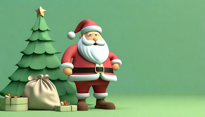 Bożonarodzeniowe tło z figurką Świętego Mikołaja, choinką i prezentami 3D w odcieniach zieleni i czerwieni z miejscem na tekst - obrazy, fototapety, plakaty