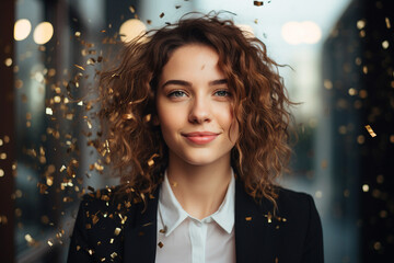 Generative AI technology picture women in decorated office celebrating Christmas