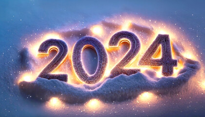 Podświetlony napis 2024 na śniegu. Tło na Nowy Rok lub Sylwestra - 681520433