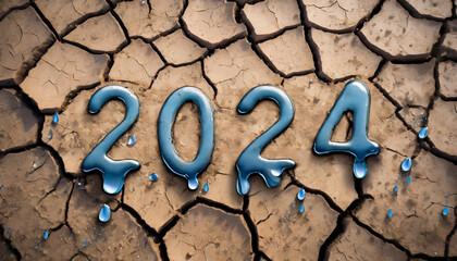 Napis 2024 tworzony przez wodę na suchej, spękanej ziemi. Motyw pogłębiającej się globalnej suszy, ochrony środowiska i zasobów wodnych - obrazy, fototapety, plakaty