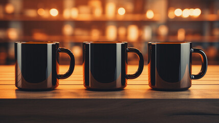 Three Black Mugs Mockup Against the Background of Blurred Lights. Empty mug mock up for brand promotion. - obrazy, fototapety, plakaty