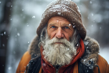 Fototapeta premium Generative AI portrait of aged senior grandpa woodcutter in snowy forest tree