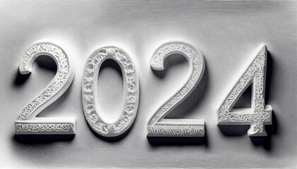 Biały, trójwymiarowy napis 2024 na białym tle. Tło, ilustracja na Sylwestra, Nowy Rok - obrazy, fototapety, plakaty