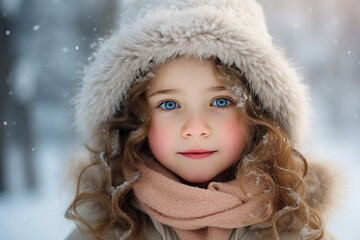 Generative AI portrait of young cute child in snowy forest park tree magic atmosphere