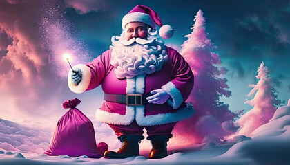 Święty  Mikołaj z workiem prezentów w magicznej scenerii chmur i nieba