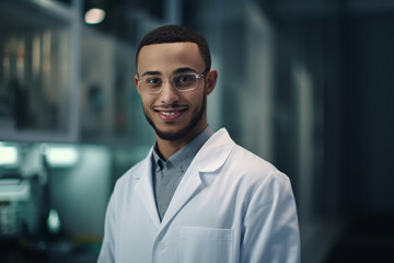 Obraz premium Portrait of a scientist, lab assistant, chemist, or biologist in the workplace 