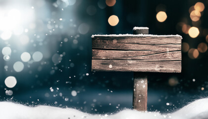 Fototapeta premium Christmas wood sign with golden ornaments and pine branches, Gold, Dark Blue.Artfully Arranged with Festive Holiday light. Blurre background sparkle and glitter, bokeh, elegant, aesthetic, copy space