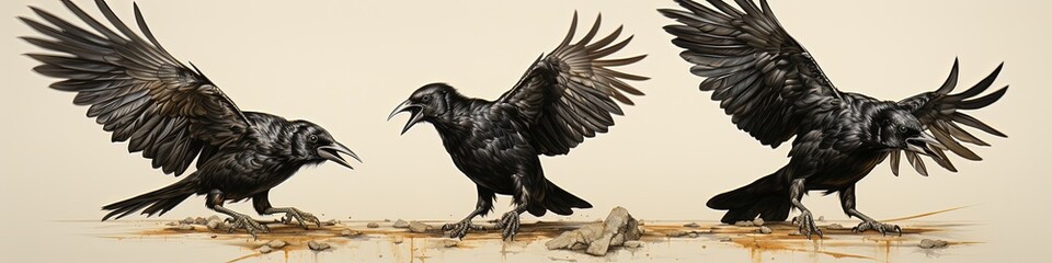 Fototapeta premium Dynamic Trio: Three Black Crows in Varying Postures on Rugged Terrain