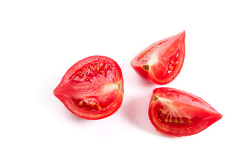 Cut pink tomato isolated on white background.