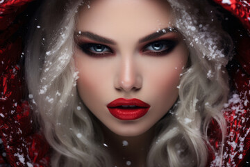 Sensual portrait of blond young beautiful woman in red hood covered with snow, intense make up with red lipstick