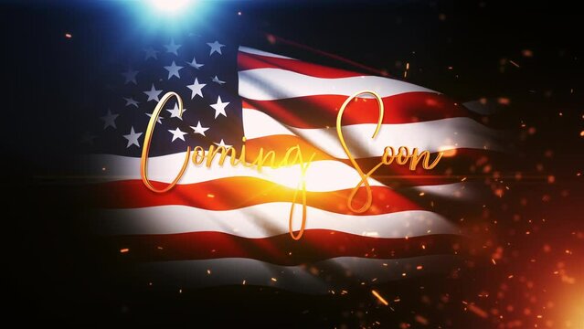 Coming Soon golden text word with UK flag waving in wind texture and top optical lens flare light and glow bokeh and fire burst cinematic title abstract background 