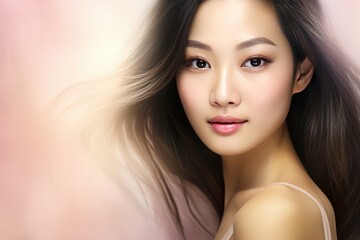 Obraz premium Beautiful Asian Girl On Pastel Background Copy Space