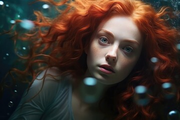 Beautiful Mermaid With Red Curly Hair Swimming Underwater Photorealism