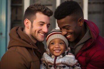 Biracial Gay Family Joyfully Together With Child Photorealism