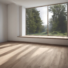  a room with a large window and a wooden floor