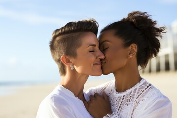 Obraz premium Blissful Lesbian Couple Celebrating Love On The Beach Photorealism