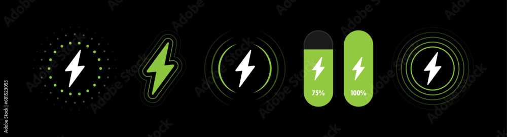 Poster logo set of wireless charger with waves and indicator of battery charging level. fast wireless charg