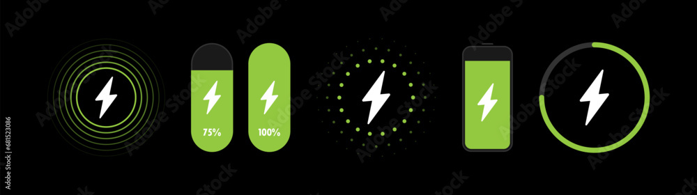 Poster logo set of wireless charger with waves and indicator of battery charging level. fast wireless charg