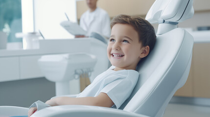 Smiling boy sitting in a dental clinic chair Clinic dental health care concept