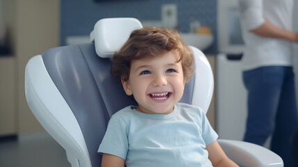 Smiling boy sitting in a dental clinic chair Clinic dental health care concept