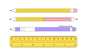 School and office stationery in cartoon linear style. Set of pen, pencils and ruler. Vector illustration